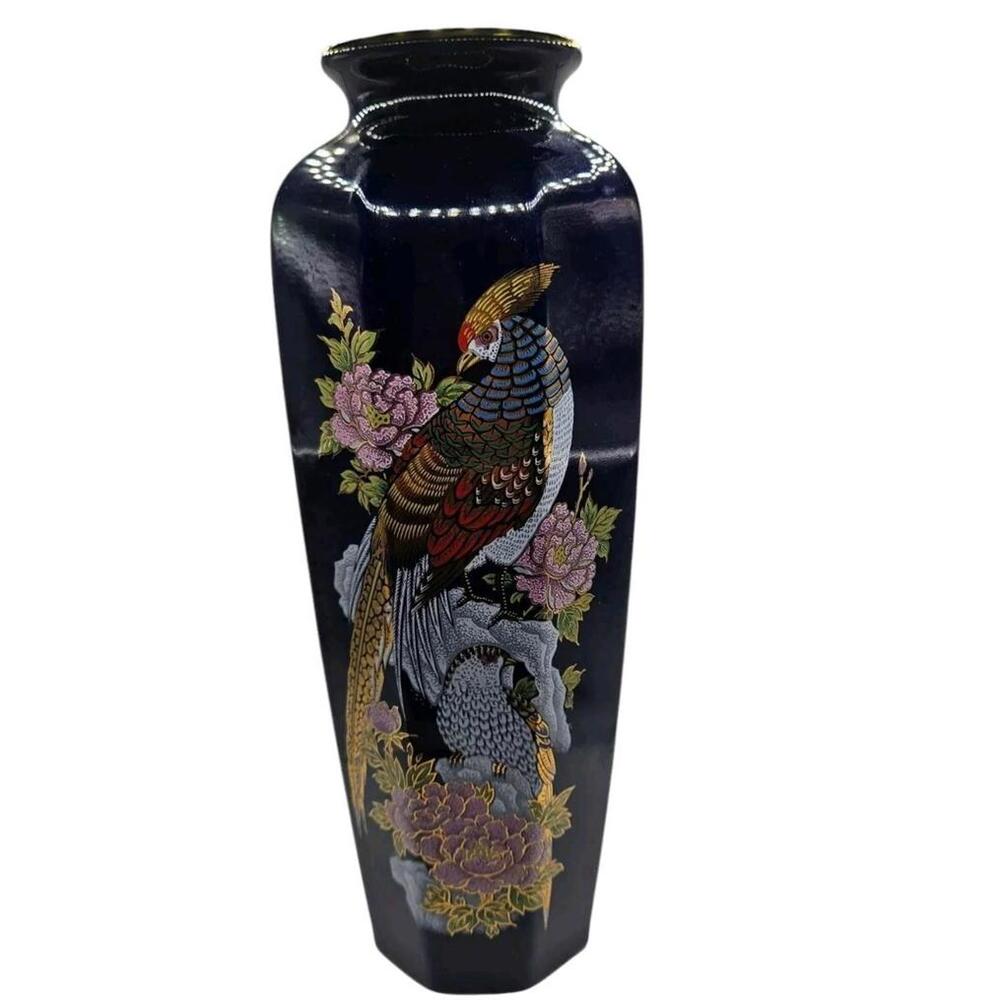 Vtg Japanese Kutani  Vase Japanese Porcelain Cobalt Blue Peacock Flower
